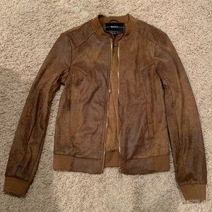 Distressed, faux leather bomber jacket